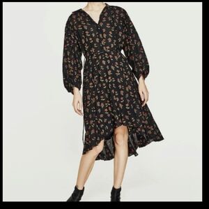 Zara Black and Orange  Floral Loose Fitting Oversized Midi Dress Size XS NWT